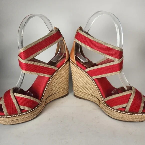 TORY BURCH Women's Adonis Espadrille Sandal Size 5 Red Wedge Leather Made Spain - Picture 4 of 12